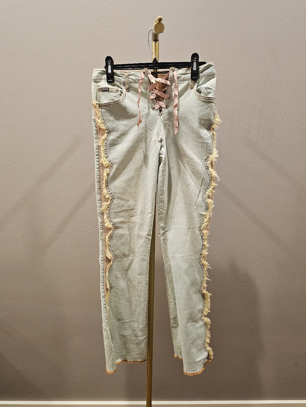 Vintage Low Rise XOXO Embellished Denim Flare Jeans with Crochet Inserts